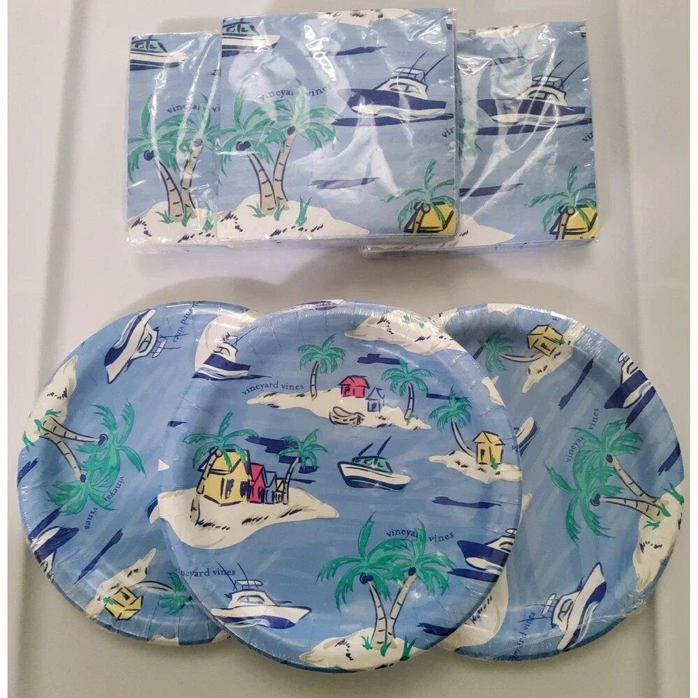 Vineyard Vines Boating Beach Vacation (30) Snack Plates, (30) Beverage Napkins